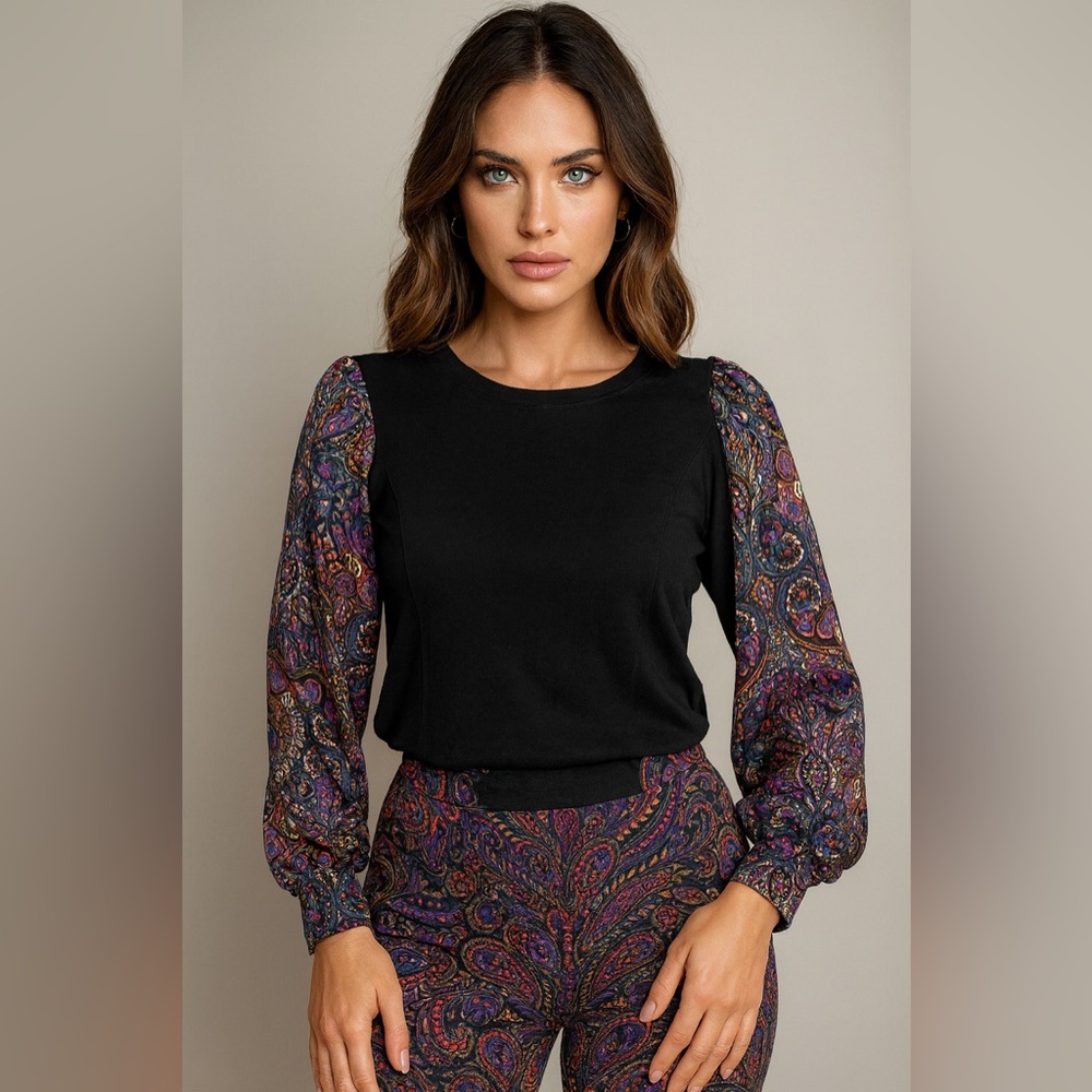 Anthropologie Black Top with Multicolor Paisley Puff Sleeves